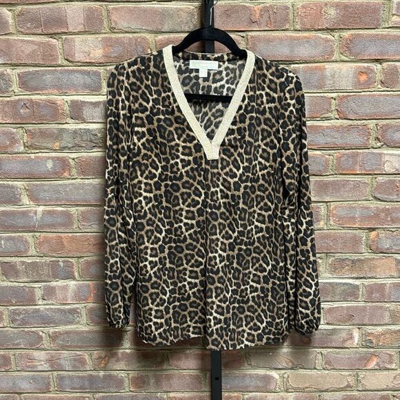 Michael Kors Women’s Cheetah V Neck Long Ballon Sleeve Top Size Medium - Picture 2 of 8